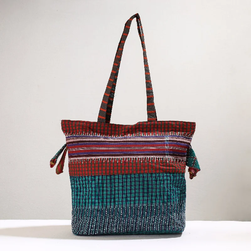 Rustic Bags For Outdoor And Nature-Inspired Looks Green - Handmade Gamcha Fabric Kantha Work Tote Bag