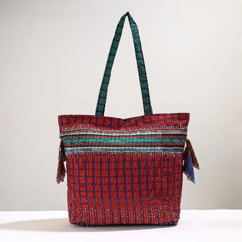 Sporty Bags For Active And Athletic Lifestyles Red - Handmade Gamcha Fabric Kantha Work Tote Bag