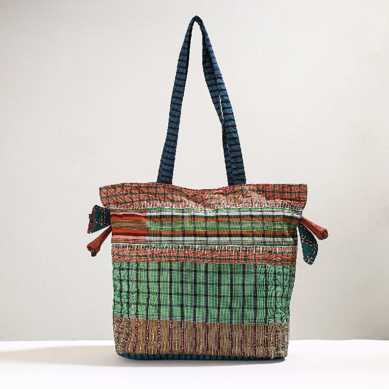 Bags For College Students On A Budget Green - Handmade Gamcha Fabric Kantha Work Tote Bag