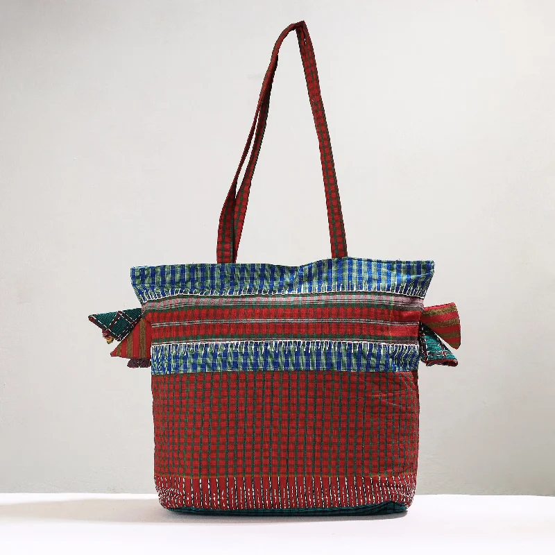 Customizable Bags For Personalized Style Red - Handmade Gamcha Fabric Kantha Work Tote Bag