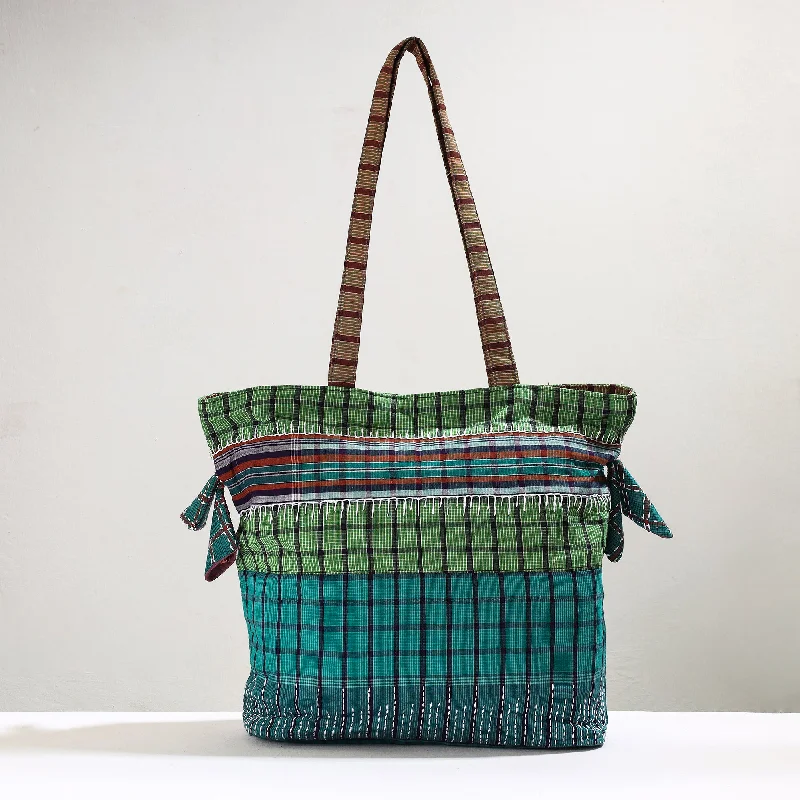 Durable And Fashionable Bags For Daily Use Green - Handmade Gamcha Fabric Kantha Work Tote Bag