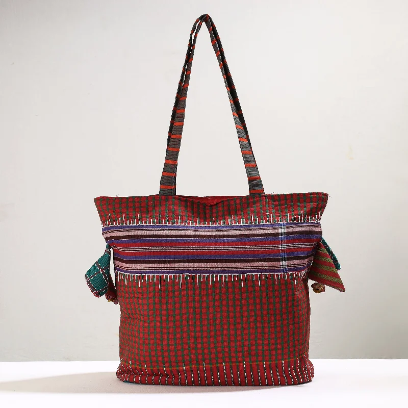 Festive Holiday Gift Bags Red - Handmade Gamcha Fabric Kantha Work Tote Bag