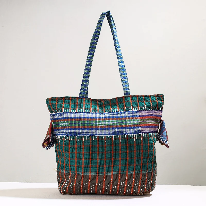 Professional Bags With Office Discounts Green - Handmade Gamcha Fabric Kantha Work Tote Bag