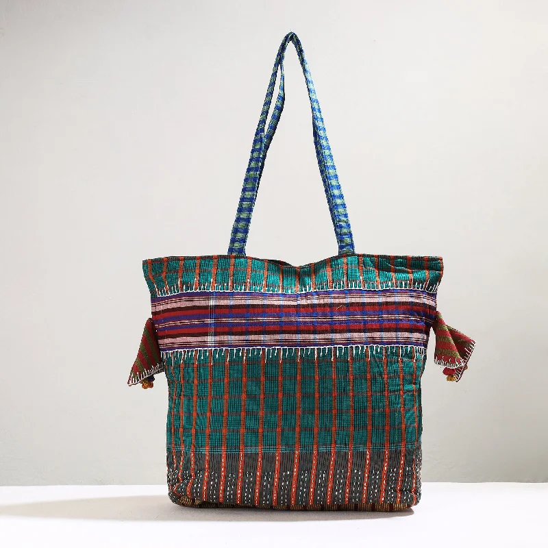 Eco-Friendly Bags With Promotions Green - Handmade Gamcha Fabric Kantha Work Tote Bag