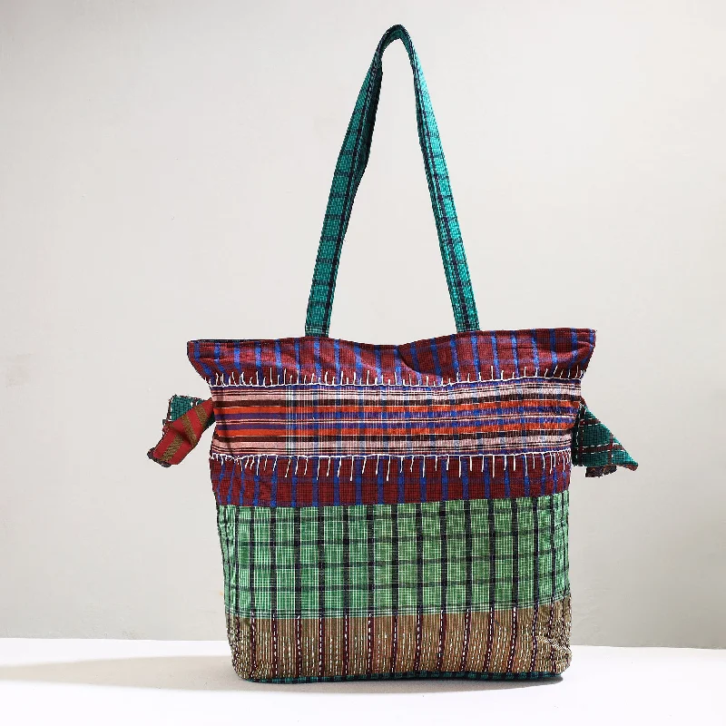 Seasonal Sale Bags Green - Handmade Gamcha Fabric Kantha Work Tote Bag