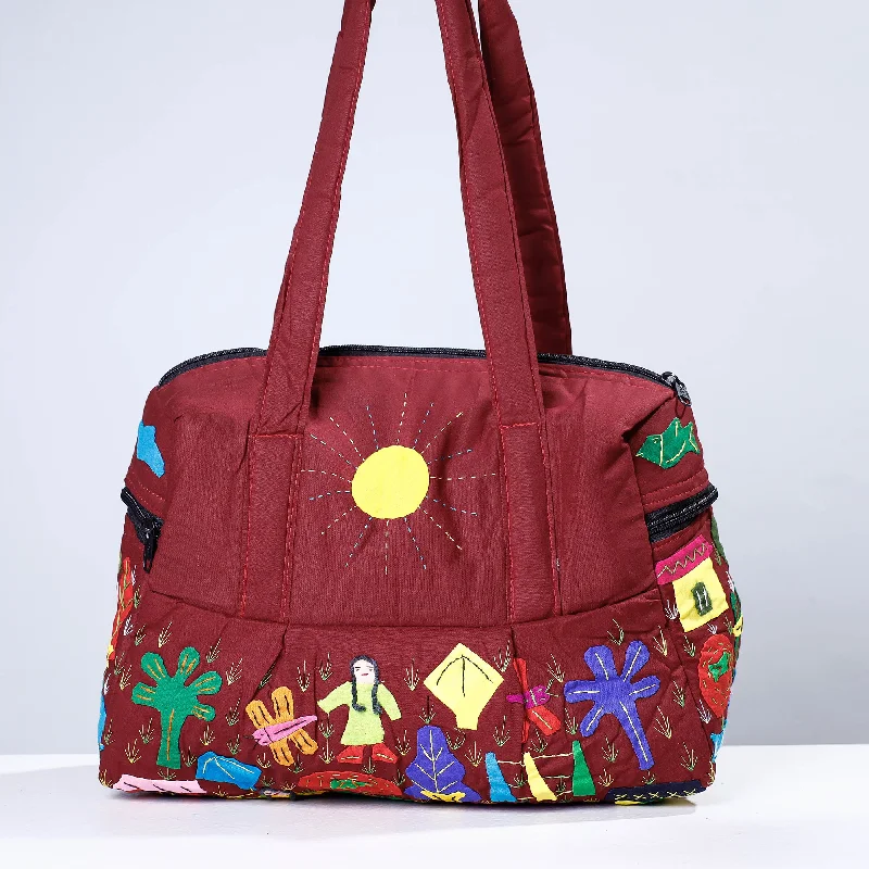 Compact Bags For Minimalist Travelers Maroon - Pipli Applique Work Cotton Shoulder Bag