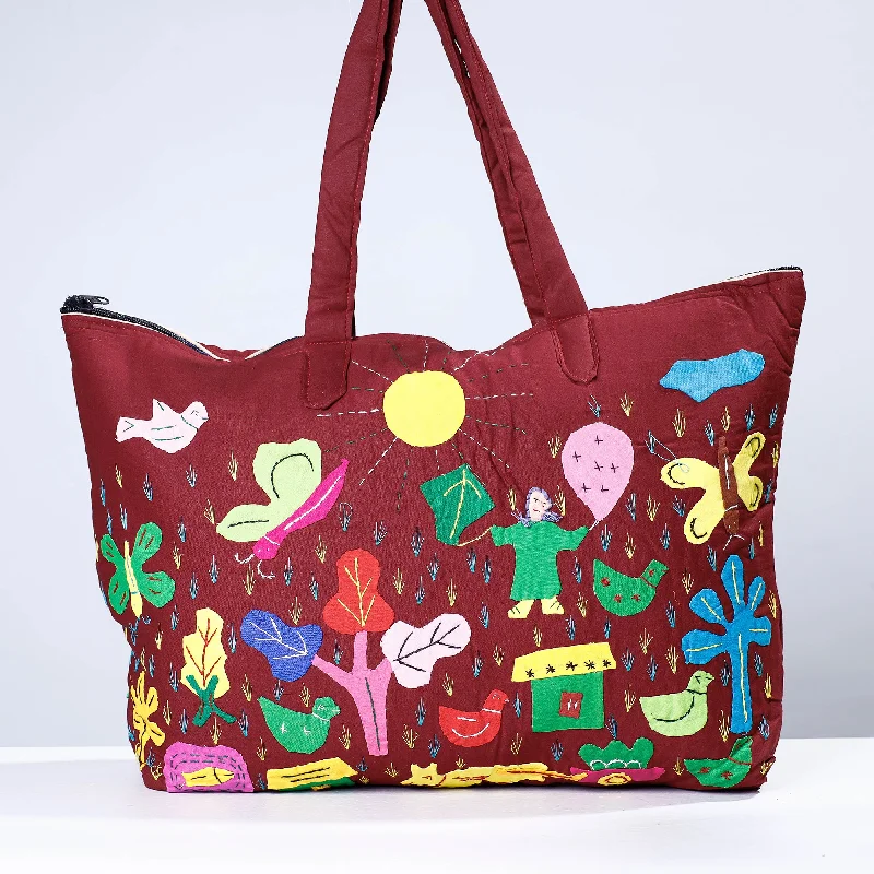 High-Quality Bags On Flash Sale Maroon - Pipli Applique Work Cotton Shoulder Bag