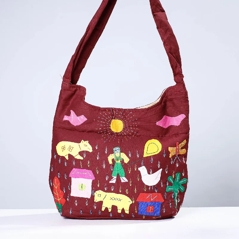 Inspired Bags For Timeless Elegance Maroon - Pipli Applique Work Cotton Shoulder Bag