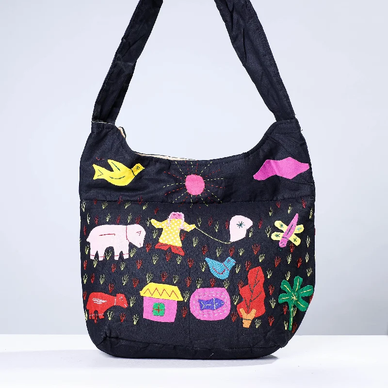 Urban Bags For City Life And Streetwear Fashion Black - Pipli Applique Work Cotton Shoulder Bag