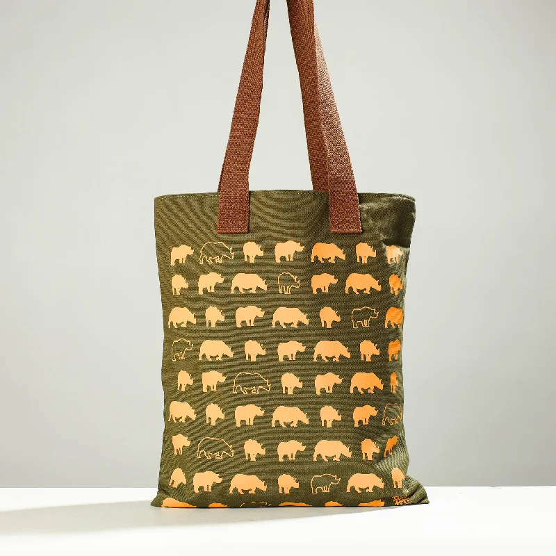Anti-Theft And Budget-Friendly Bags Green -  Assam One-Horned Rhino Cotton Canvas Shoulder Bag