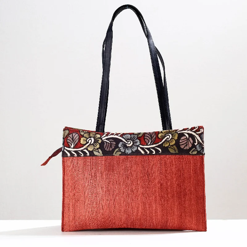 Tote Bag For Everyday Use Orange - Handpainted Kalamkari Natural Dyed Ghicha Silk Shoulder Bag