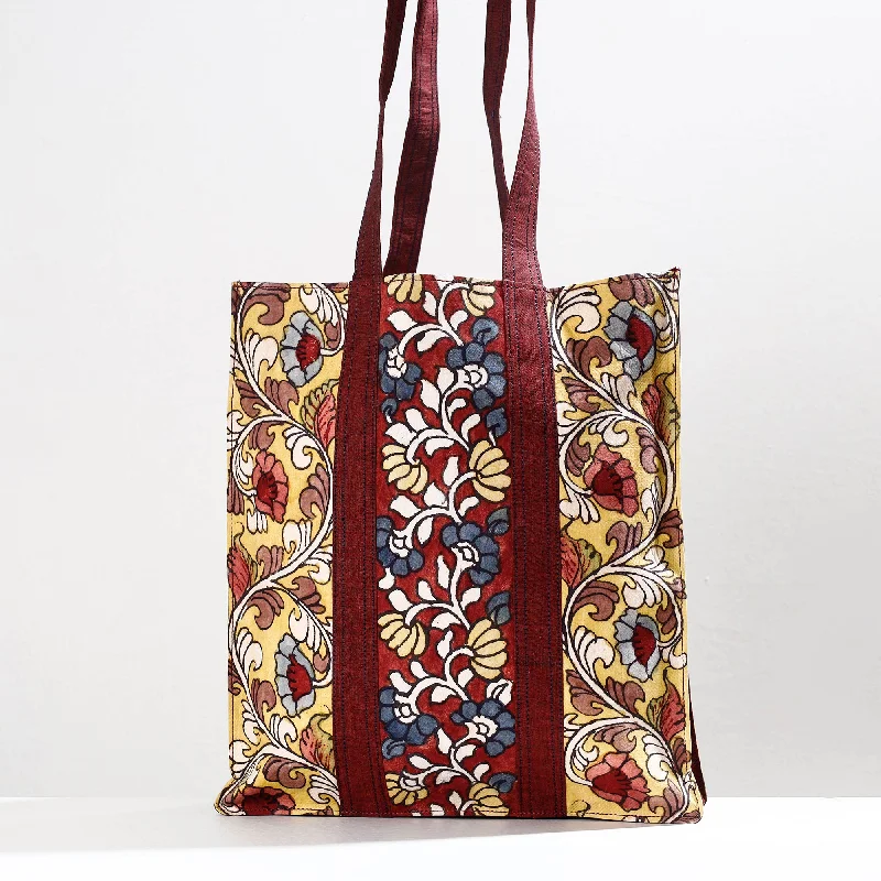 Lightweight And Functional Bags For Travel And Work Yellow - Handpainted Kalamkari Natural Dyed Cotton Shoulder Bag