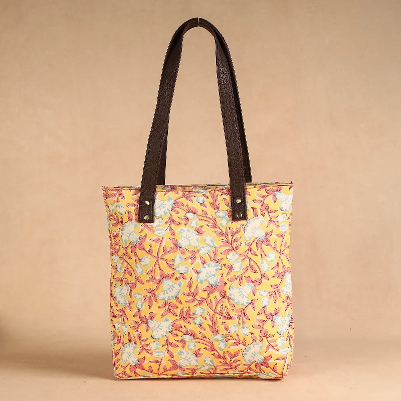 Discounted Designer Bags For Clearance Sale Yellow - Handcrafted Sanganeri Printed Leather Shoulder Bag