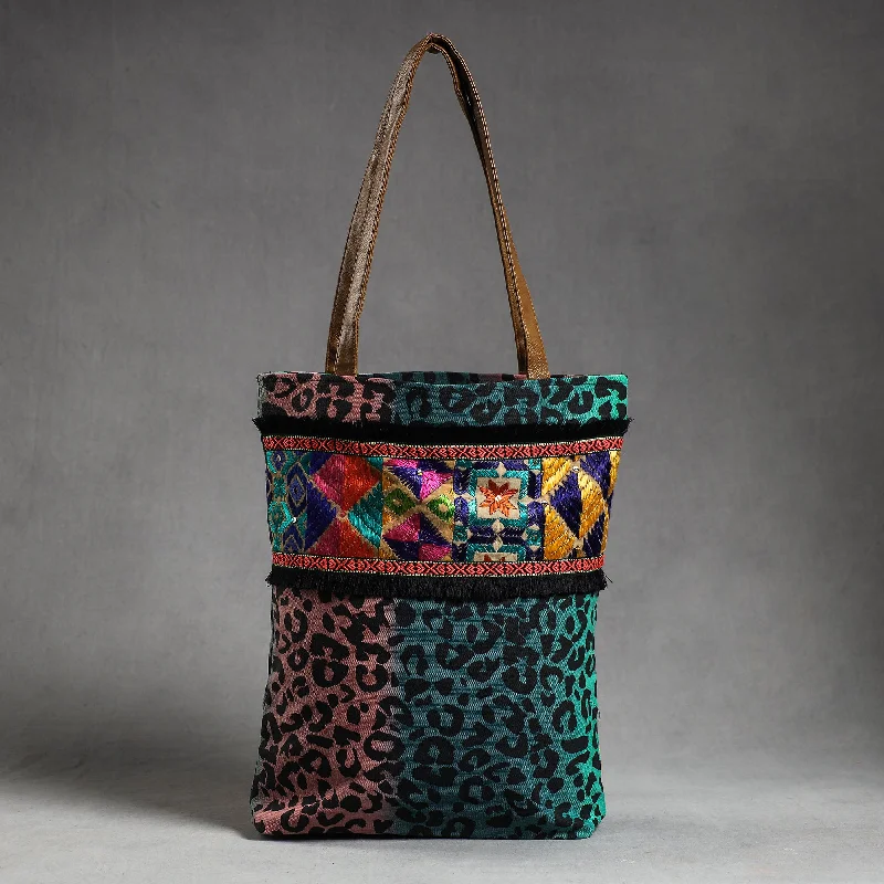 Bags With Discounts Green - Phulkari Embroidery Canvas Cotton Tote Bag