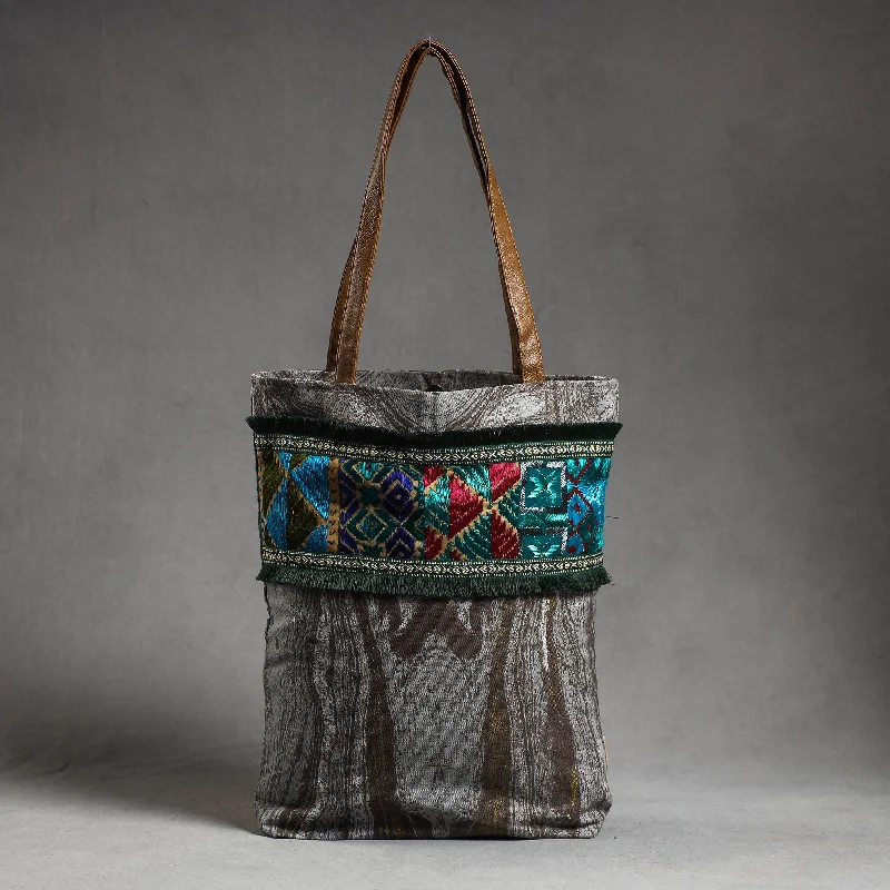 Trendy Bags For Teenage Girls Grey - Phulkari Embroidery Canvas Cotton Tote Bag