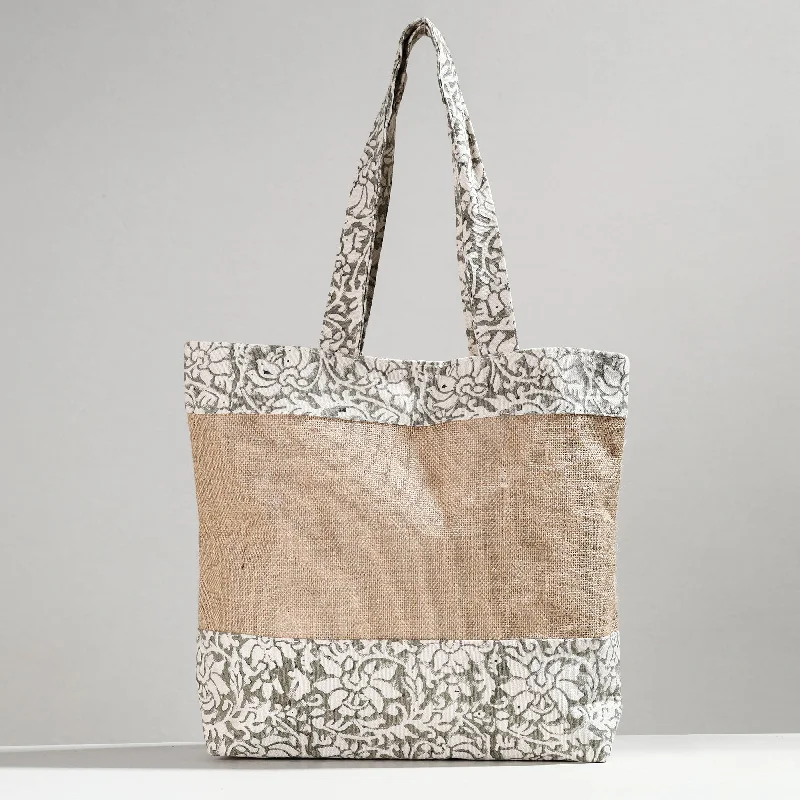 Elegant New Year Party Bags With Flash Sales White - Hand Block Printed Jute Shoulder Bag