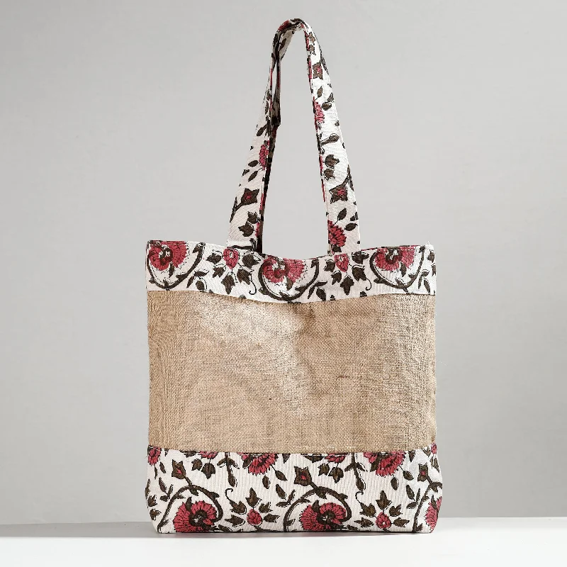 Spacious Bags With Holiday Promotions White - Hand Block Printed Jute Shoulder Bag