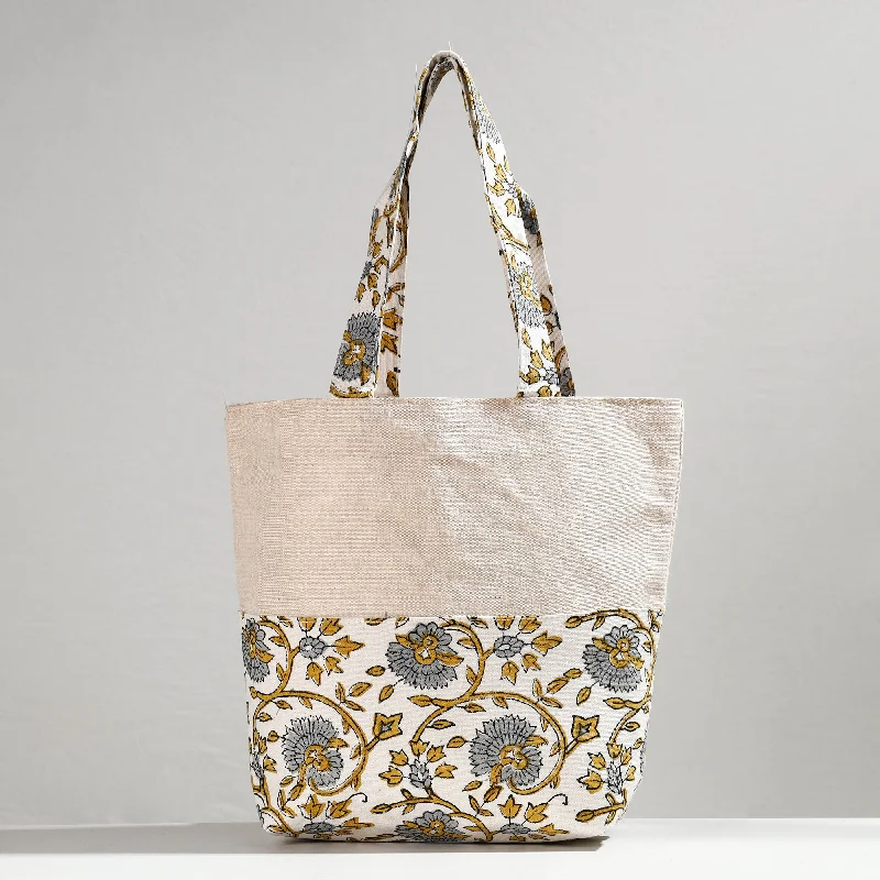 Holiday Gift Bags For Christmas White - Hand Block Printed Jute Shoulder Bag