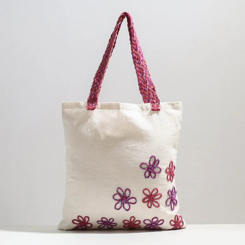 Versatile Bags That Suit Any Outfit Or Event White - Handcrafted Cotton Recycled Flower Design Shoulder Bag