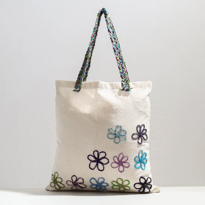 Eco-Friendly Bags With Promotions White - Handcrafted Cotton Recycled Flower Design Shoulder Bag