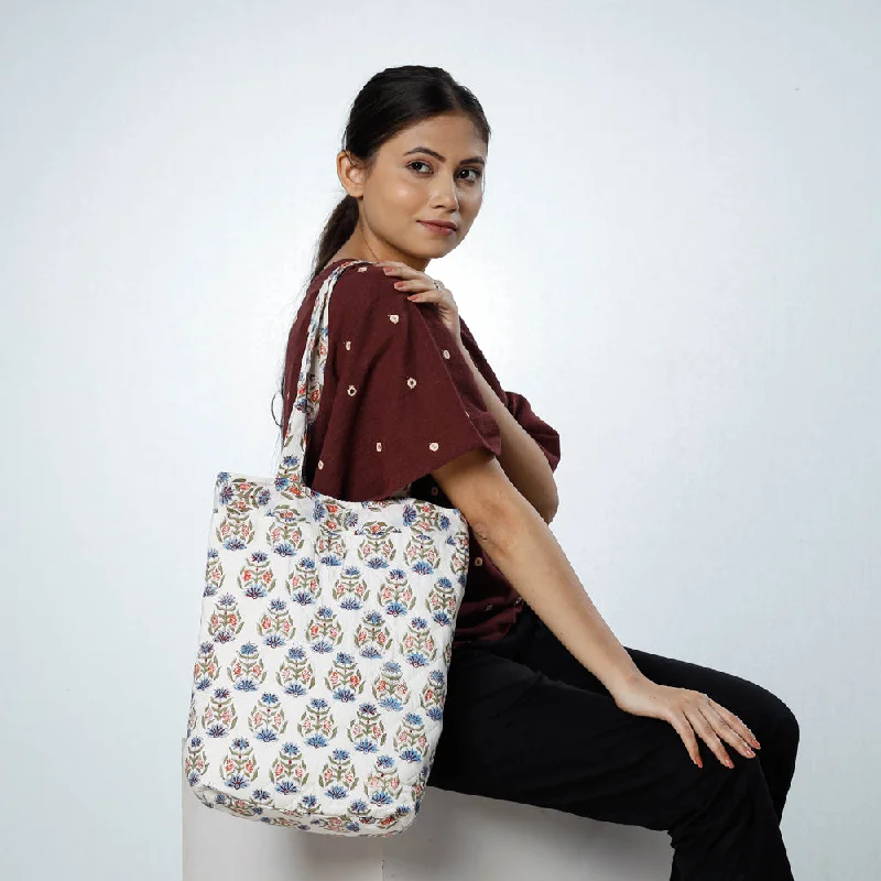 Stylish Bags With Discounts White - Handcrafted Quilted Sanganeri Block Printed Shoulder Bag Stylish Bags With Discounts White - Handcrafted Quilted Sanganeri Block Printed Shoulder Bag