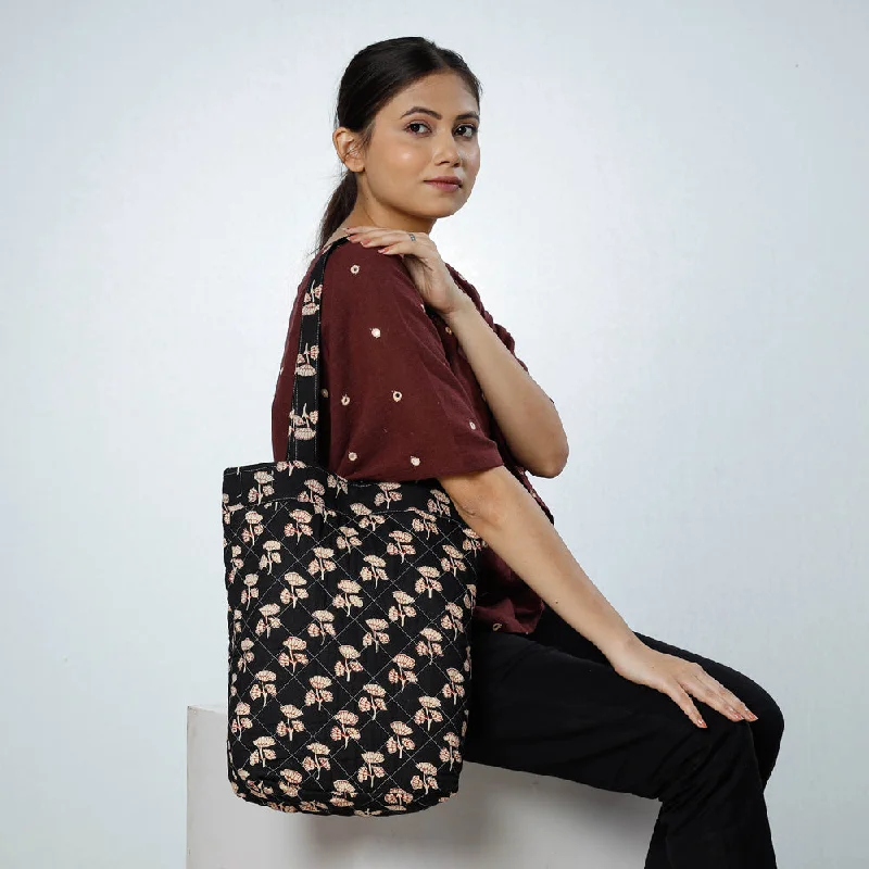 Chic And Clearance-Priced Tote Bags Black - Handcrafted Quilted Sanganeri Block Printed Shoulder Bag