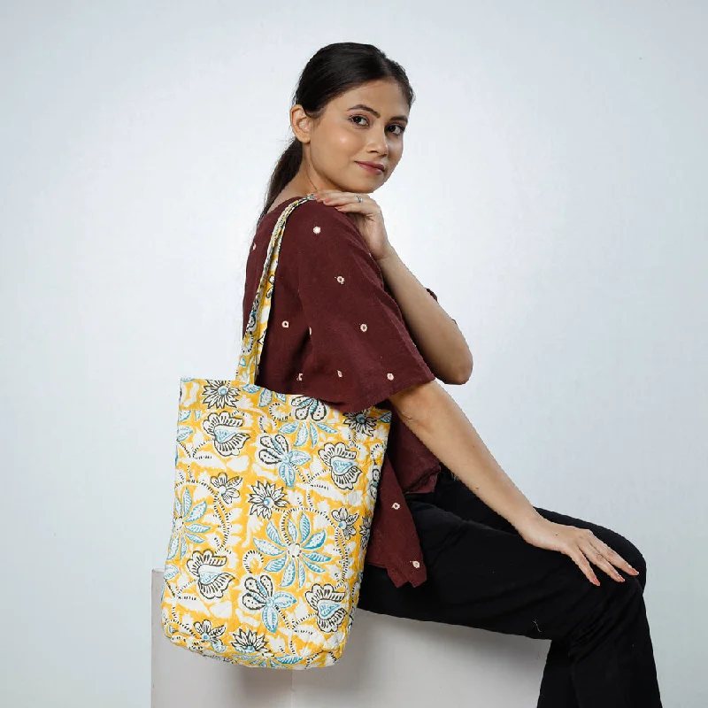 Glamorous Bags For Evening Events And Parties Yellow - Handcrafted Quilted Sanganeri Block Printed Shoulder Bag
