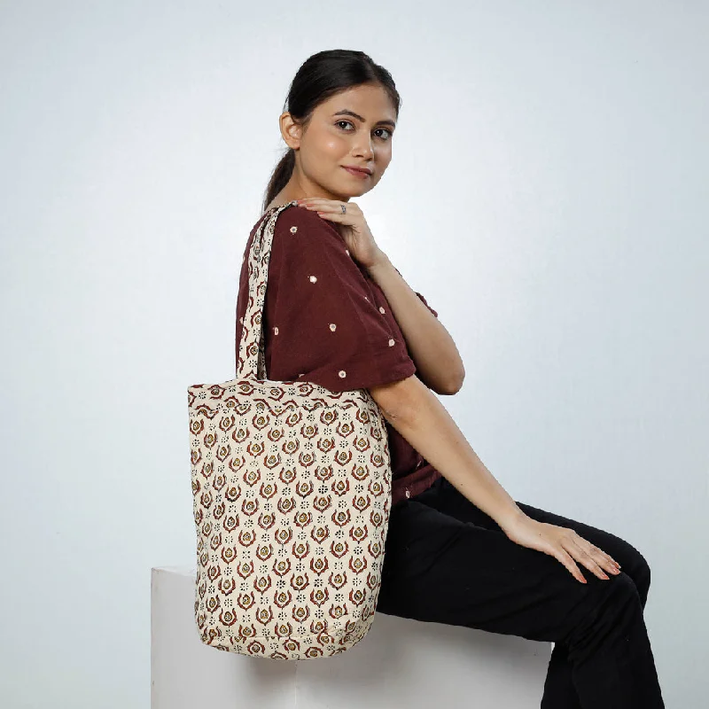 Affordable Bags For College Students On Sale Beige - Handcrafted Quilted Sanganeri Block Printed Shoulder Bag