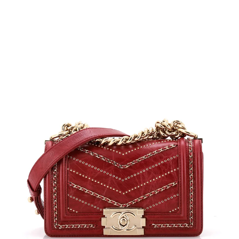 Eco-Friendly Bags With Discounts Boy Flap Bag Chevron Embellished Crumpled Calfskin Small