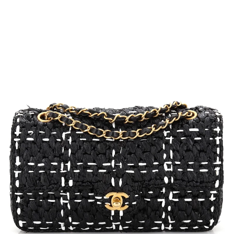 Luxury Bags On Sale CC Chain Flap Bag Tweed Effect Braided Raffia Medium