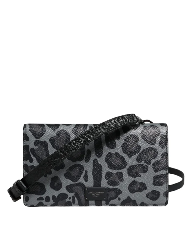 Tsa-Approved Bags For Hassle-Free Airport Security Dolce & Gabbana Black Gray Leopard Leather Bifold Card Slot Crossbody Bag