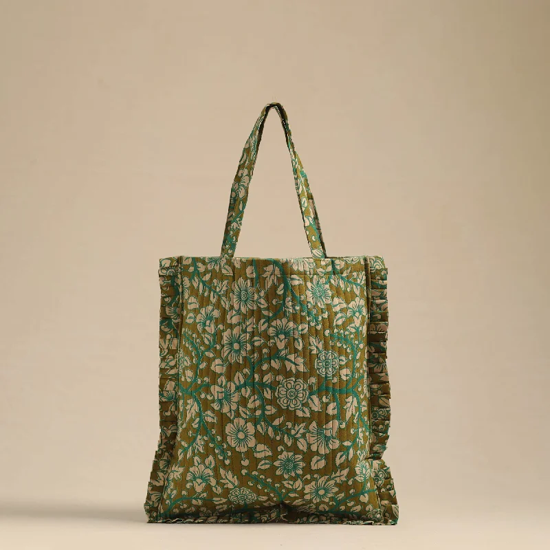 Discounted Designer Bags For Clearance Events Green - Handcrafted Cotton Frill Jhola Bag 07