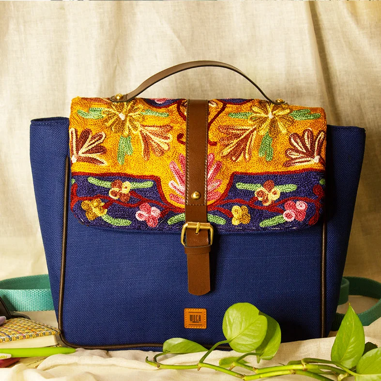 Eco-Friendly Bags With Promotions Blue - Chain Stitch Hand Embroidery Canvas Chulbuli Backpack