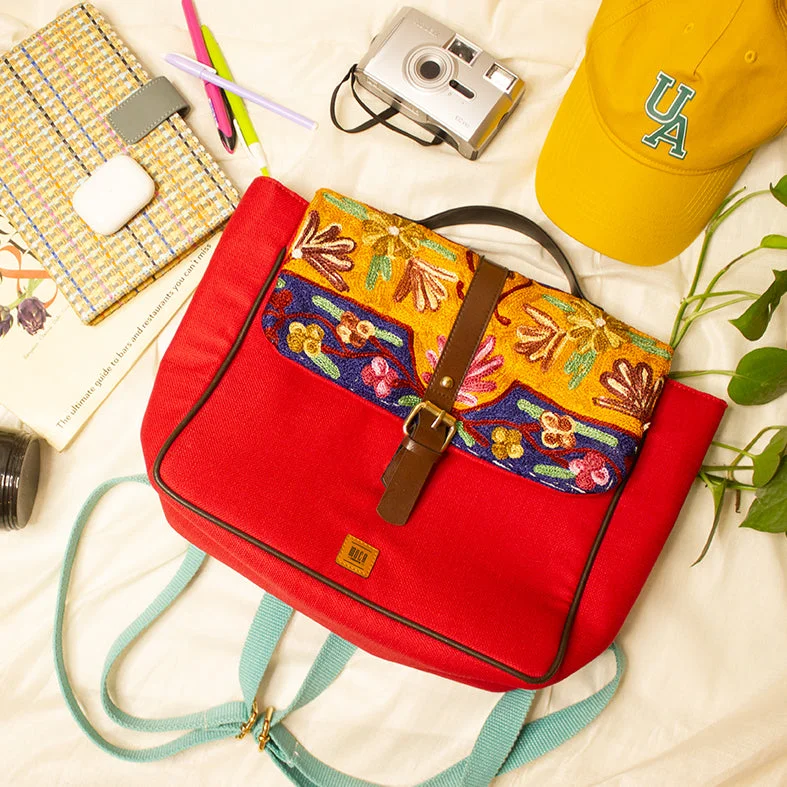 Trendy And Discounted Designer Handbags Red - Chain Stitch Hand Embroidery Canvas Babli Backpack