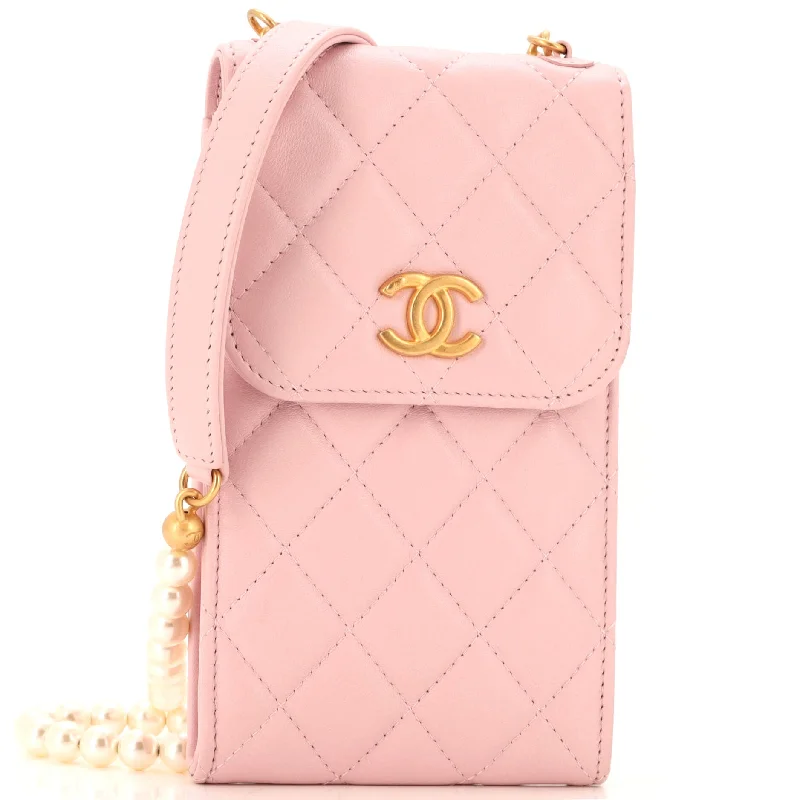 Luxury Seekers Pearl Strap Phone Holder Crossbody Bag Quilted Lambskin