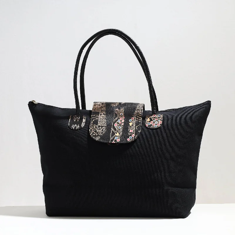 Bold Fashionistas Black - Handcrafted Canvas Cotton & Embossed Leather Flap Tote Bag
