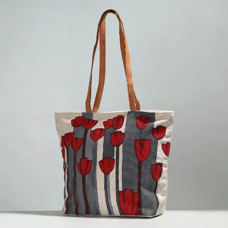Eco-Friendly Bags With Discounts Beige - Red Flower - Handpainted Canvas Cotton Shoulder Bag 01