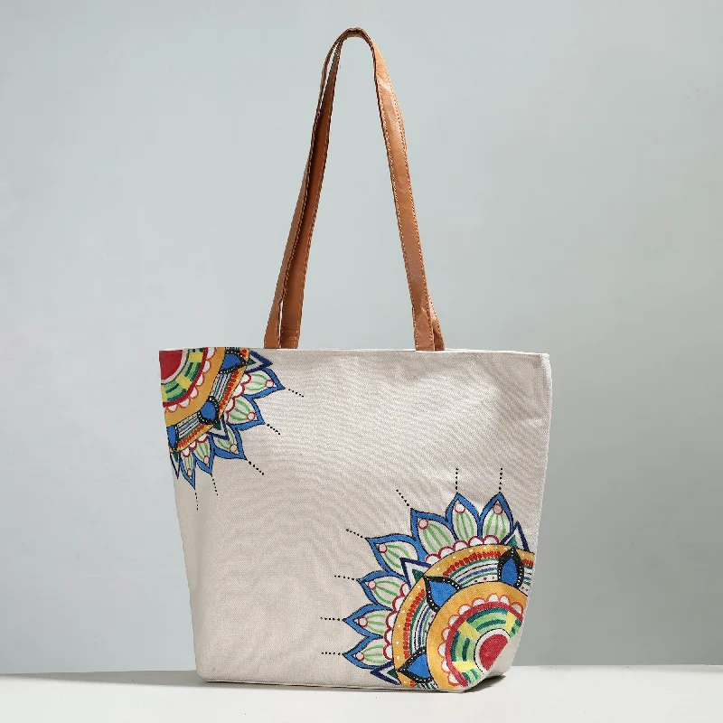 Holiday Gift Bags For Christmas Beige - Mandala Art - Handpainted Canvas Cotton Shoulder Bag