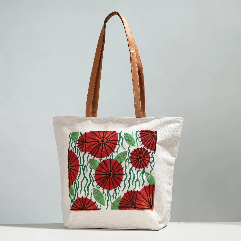 Tsa-Approved Bags For Hassle-Free Airport Security Beige - Red Flower & Green Foliage - Handpainted Canvas Cotton Shoulder Bag