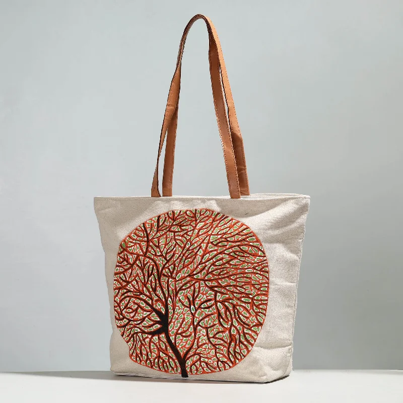 Vintage Bags For Retro And Classic Fashion Lovers Beige - Tree of Life - Handpainted Canvas Cotton Shoulder Bag