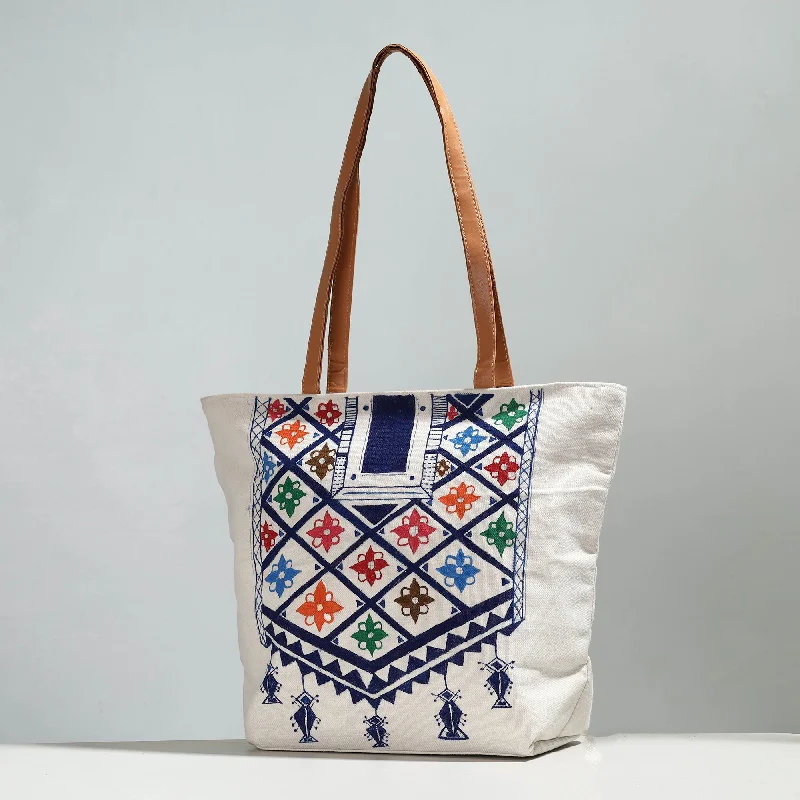 Everyday Bags For Work, School, Or Errands Beige - Handpainted Canvas Cotton Shoulder Bag 02