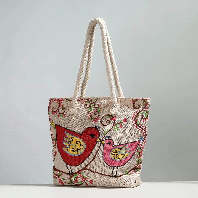 Discounted Designer Bags For Clearance Sale Beige - Birds - Handpainted Jute Cotton Shoulder Bag
