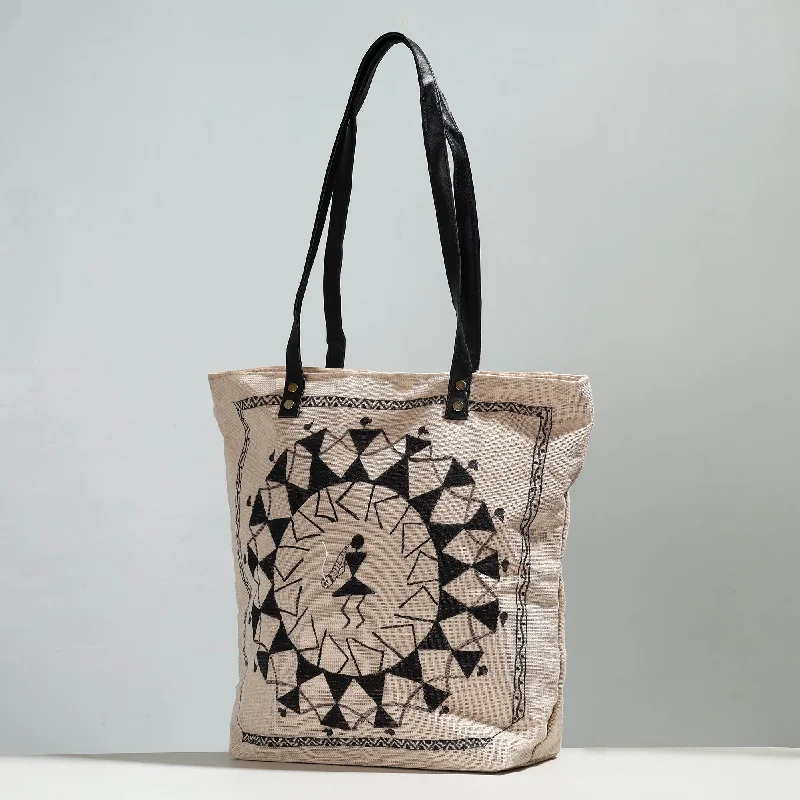 Luxury Bags For Working Professionals Beige - Warli Handpainted Jute Cotton Shoulder Bag