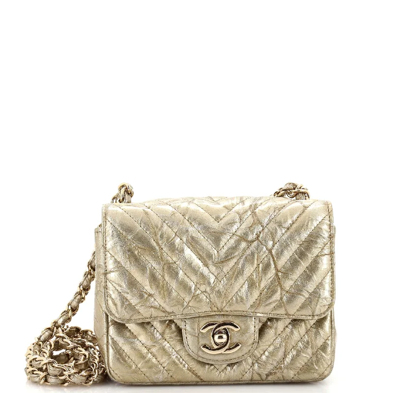 Functional Bags For Busy Moms And Dads Square Classic Single Flap Bag Chevron Crumpled Metallic Patent Mini