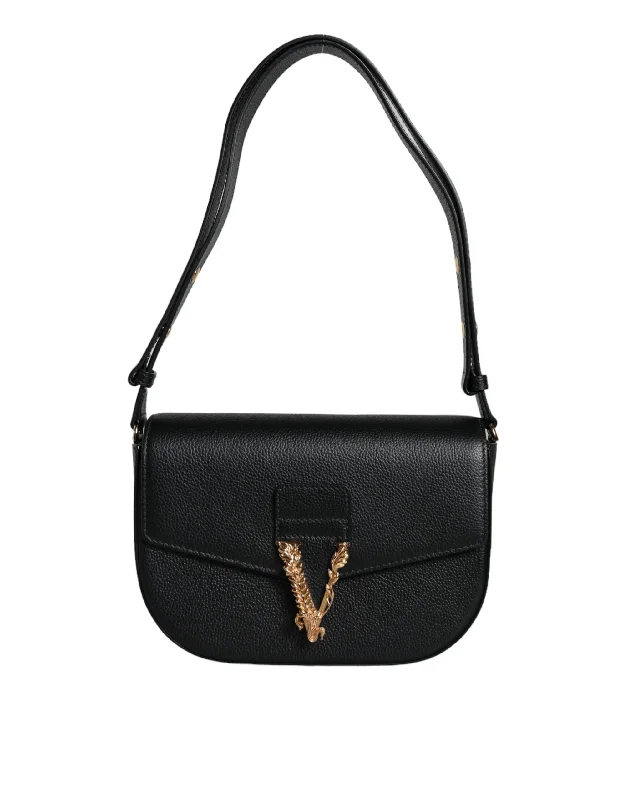 Eco-Friendly Bags For Sustainable Fashion Lovers Versace Black Grainy Calf Leather Logo Crossbody Shoulder Bag